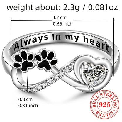 925 Sterling Silver Infinity Promise Ring – April Birthstone with Heart-Shaped Zirconia & Paw Print