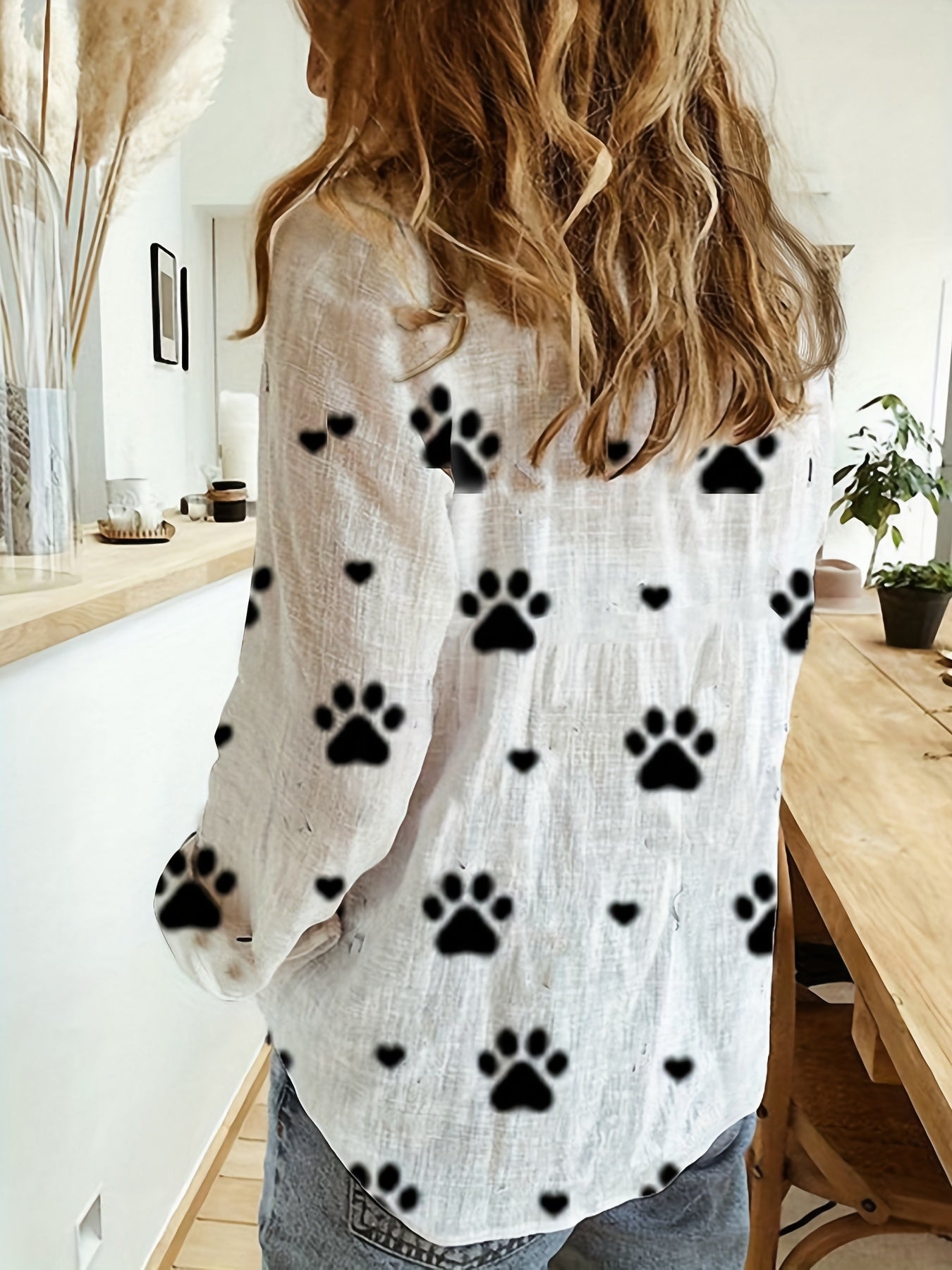 Paw Print Button Front Shirt – Cute & Casual Long Sleeve Top for Spring & Fall