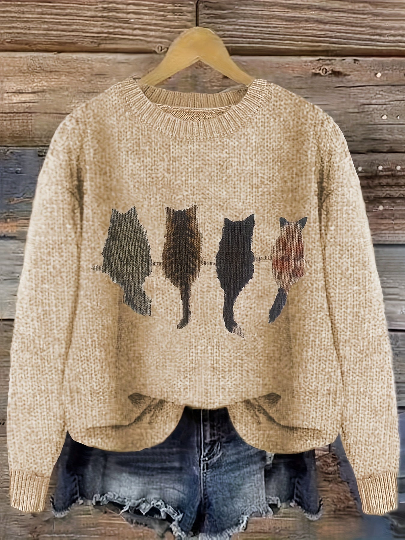 Cat Print Crew Neck Color Block Casual Pullover Sweater