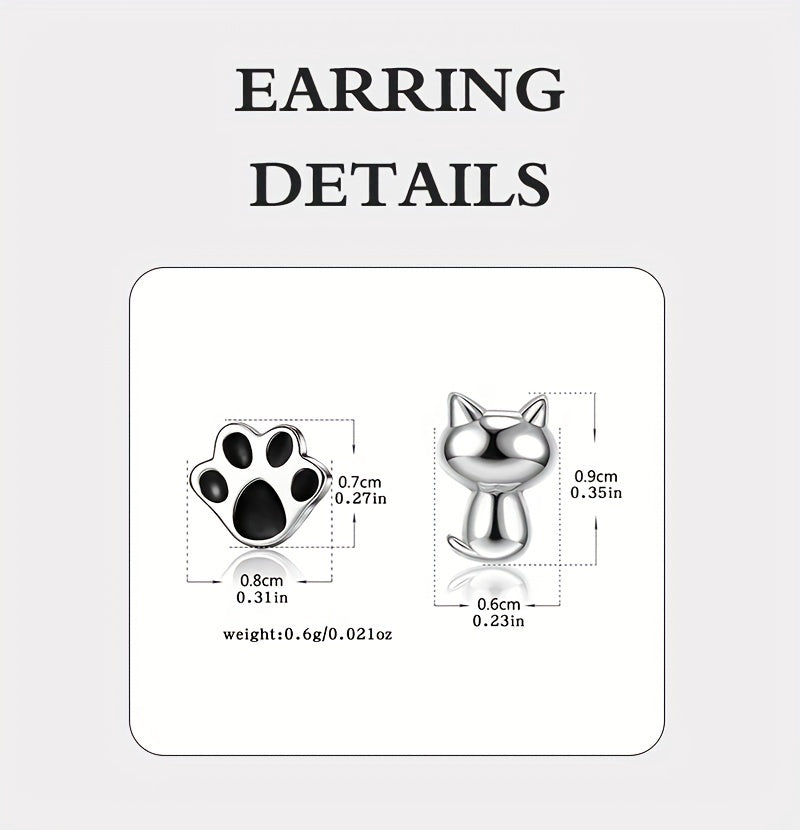 Elegant Cute Animal Theme 925 Sterling Silver Stud Earrings – Cat and Paw Print Design