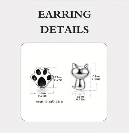 Elegant Cute Animal Theme 925 Sterling Silver Stud Earrings – Cat and Paw Print Design