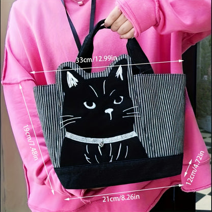 Black Cat Embroidered Tote Bag – Large Capacity Shoulder Bag