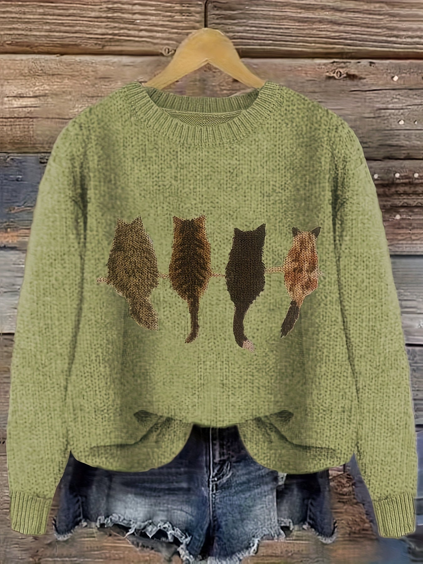 Cat Print Crew Neck Color Block Casual Pullover Sweater