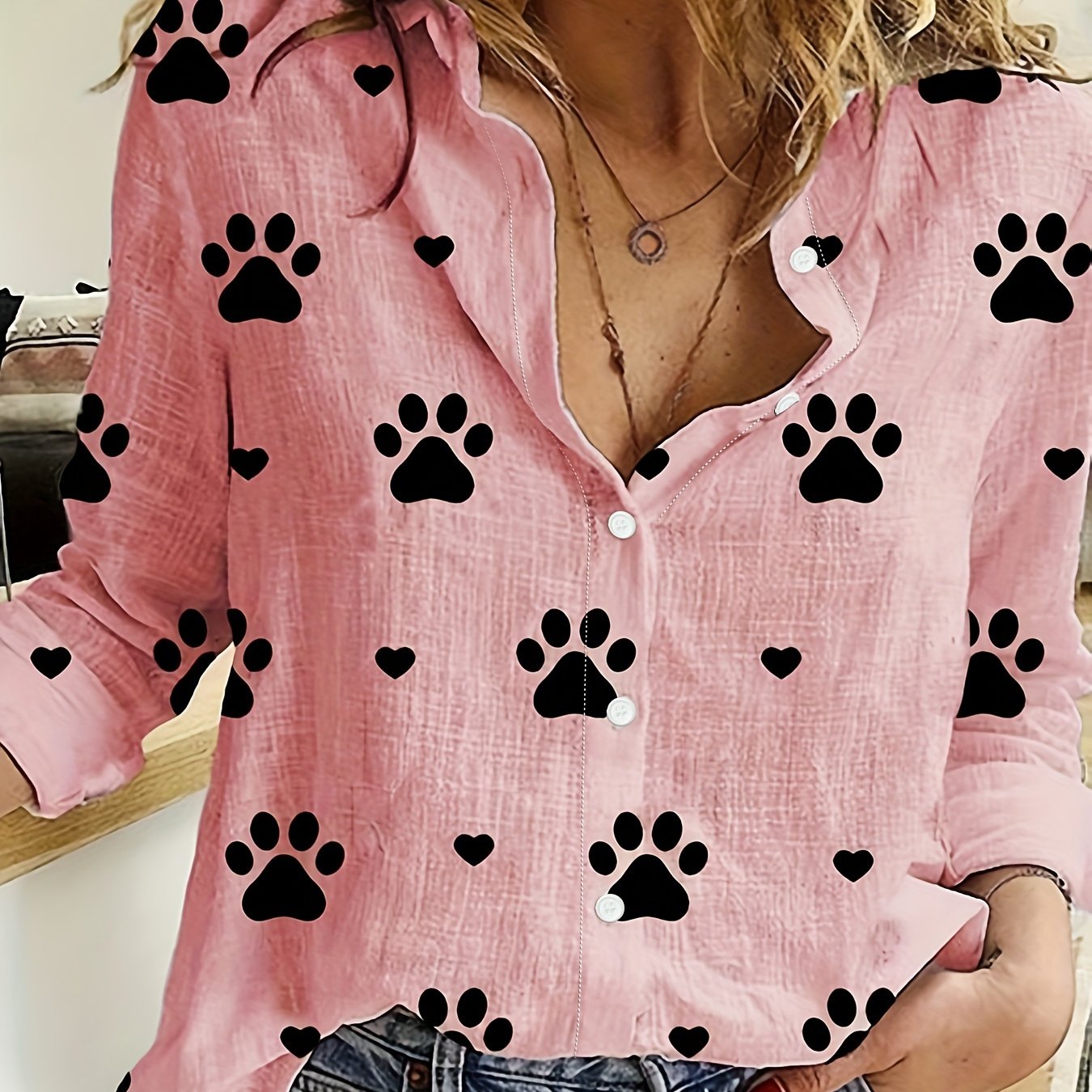 Paw Print Button Front Shirt – Cute & Casual Long Sleeve Top for Spring & Fall