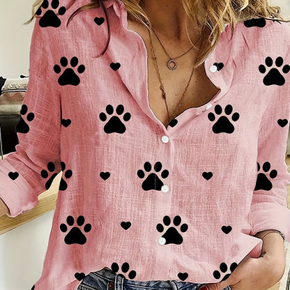 Paw Print Button Front Shirt – Cute & Casual Long Sleeve Top for Spring & Fall