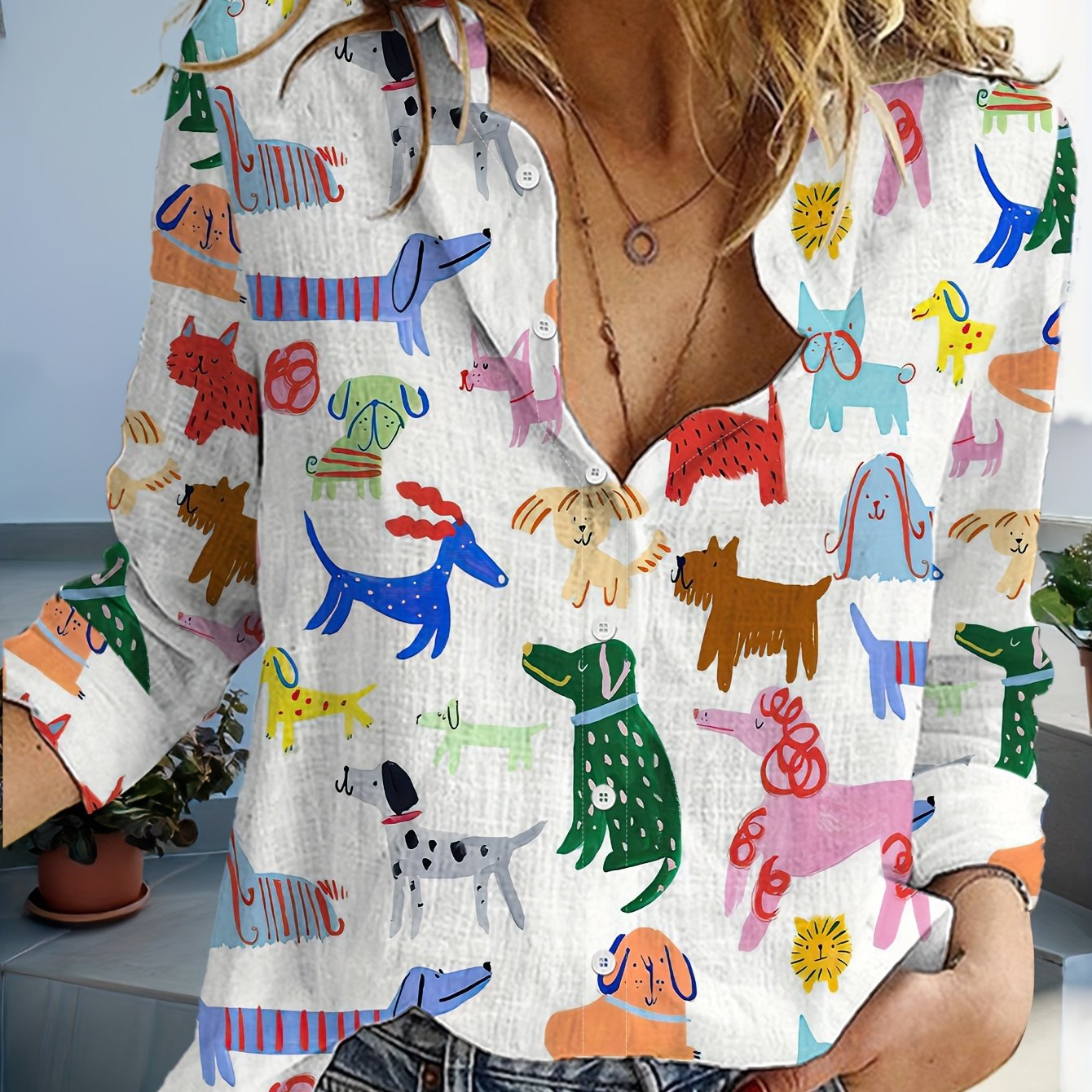 Women's Casual Long Sleeve Button-Up Shirt with Colorful Cute Dogs Pattern