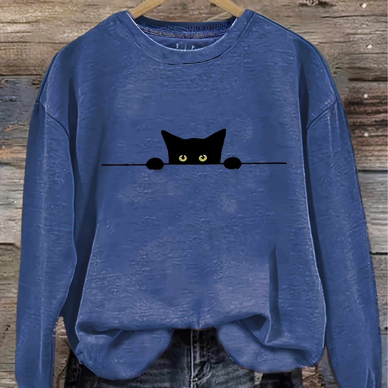 Cat Print Pullover Sweatshirt – Casual Long Sleeve Crew Neck Sweatshirt for Fall & Winter