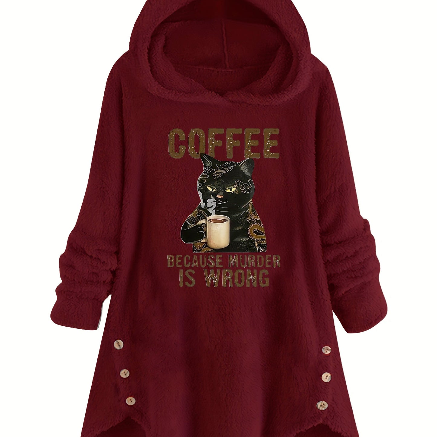 Cozy Cat & Slogan Print Teddy Hoodie for Women