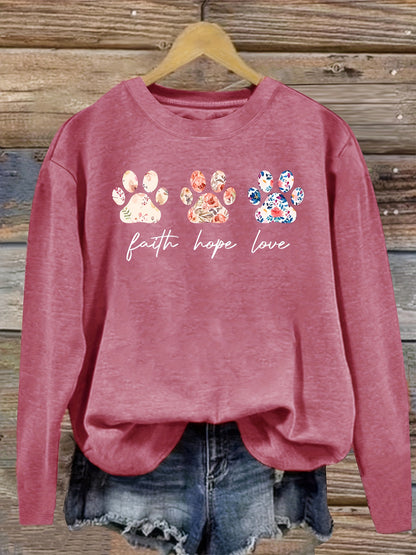 Women's Vintage Floral and Puppy Paw Print Crew Neck Top – Casual Long Sleeve, Polyester Blend