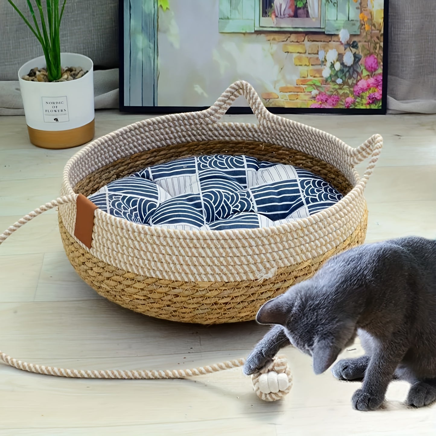 Handwoven Natural Fabric Cat Bed – Vintage Style Pet House with Removable Cotton Pad