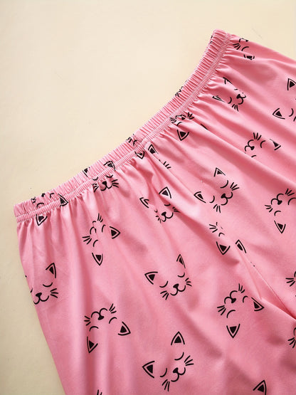 Cute Cat Print Pajama Set – Short Sleeve Crew Neck Top & Shorts/Pants Women's Sleepwear & Loungewear