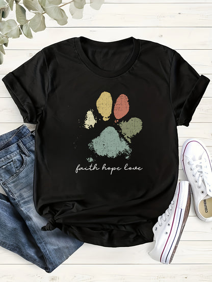 Colorblock Paw Print Crew Neck T-Shirt – Casual Short Sleeve Top for Spring & Summer