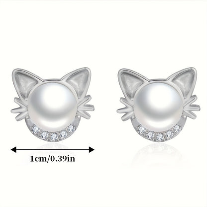 Adorable Cat Design Stud Earrings with Imitation Pearl – Elegant Vintage Style for Women