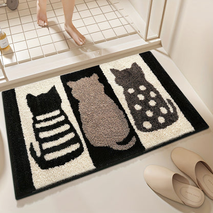 Ultra-Soft Flocked Bath Mat – Non-Slip, Absorbent, Machine Washable with Black & White Cat Design