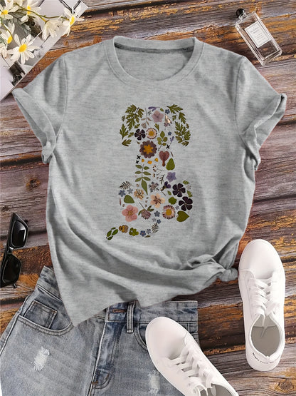 Women's Flower Dog Print Top - Floral Short Sleeve Dog T-shirt