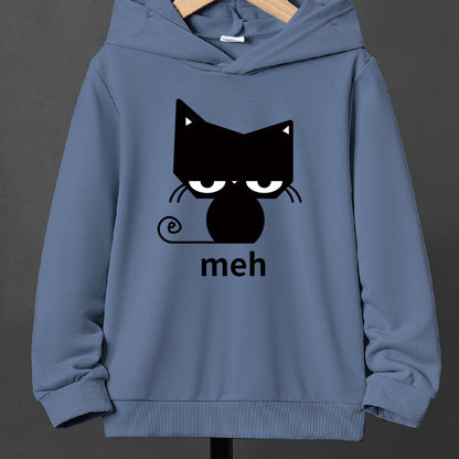 Boys' Casual Cat Print Hoodie – Comfortable Loose-Fit Long Sleeve Pullover for Fall/Winter