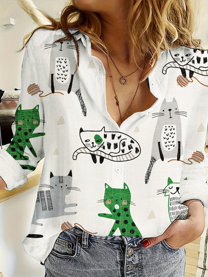 Cartoon Print Button Front Shirt – Casual Long Sleeve Cardigan for Spring & Fall