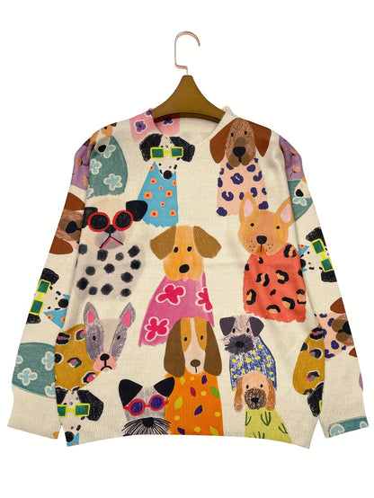 Women's Fashion Knit Sweater - Cartoon Dogs Pattern