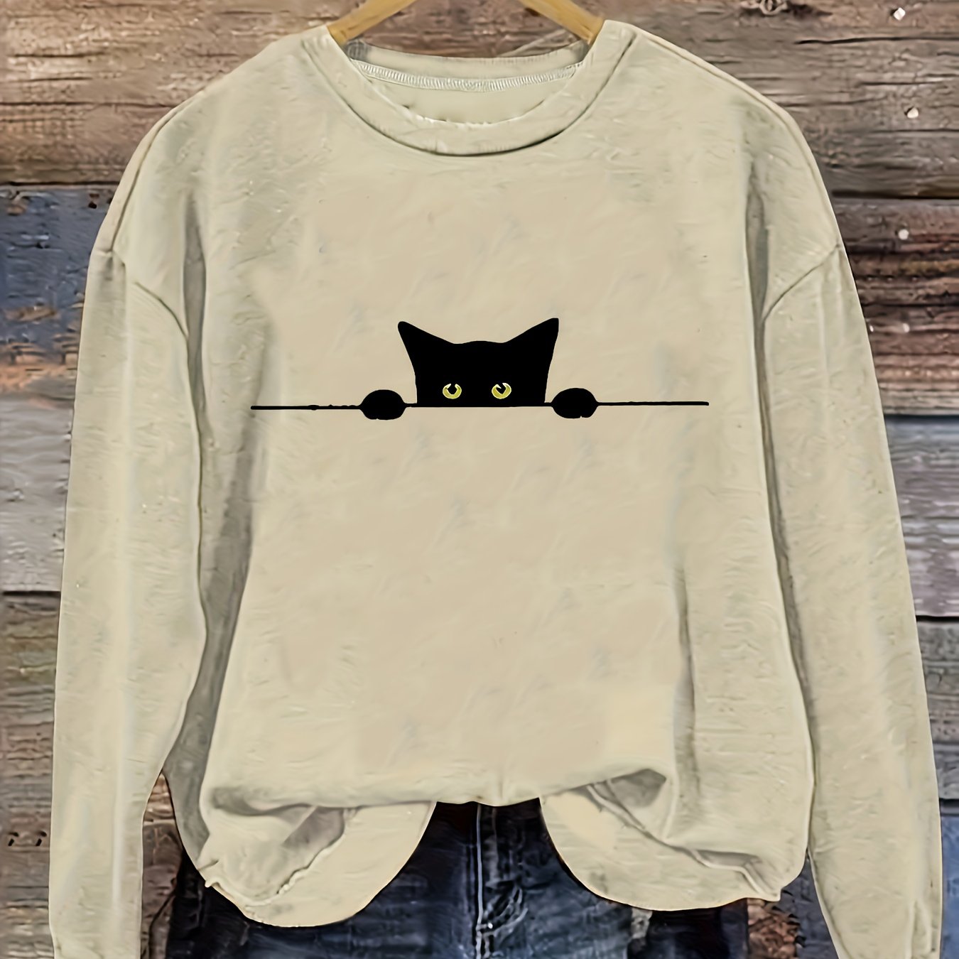 Cat Print Pullover Sweatshirt – Casual Long Sleeve Crew Neck Sweatshirt for Fall & Winter