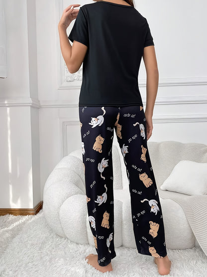 Cartoon Kitten Pattern Women's Pajama Set – Cozy and Cute Sleepwear