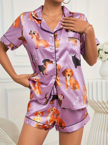 Women's Cute Cartoon Puppy Print Satin Pajama Set