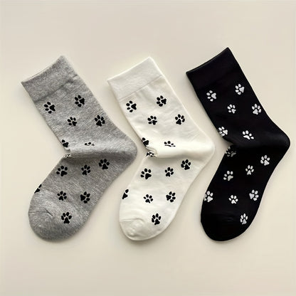 6 Pairs of Adorable Puppy Paw Print Socks – Fashionable Mid-Tube Socks for Women