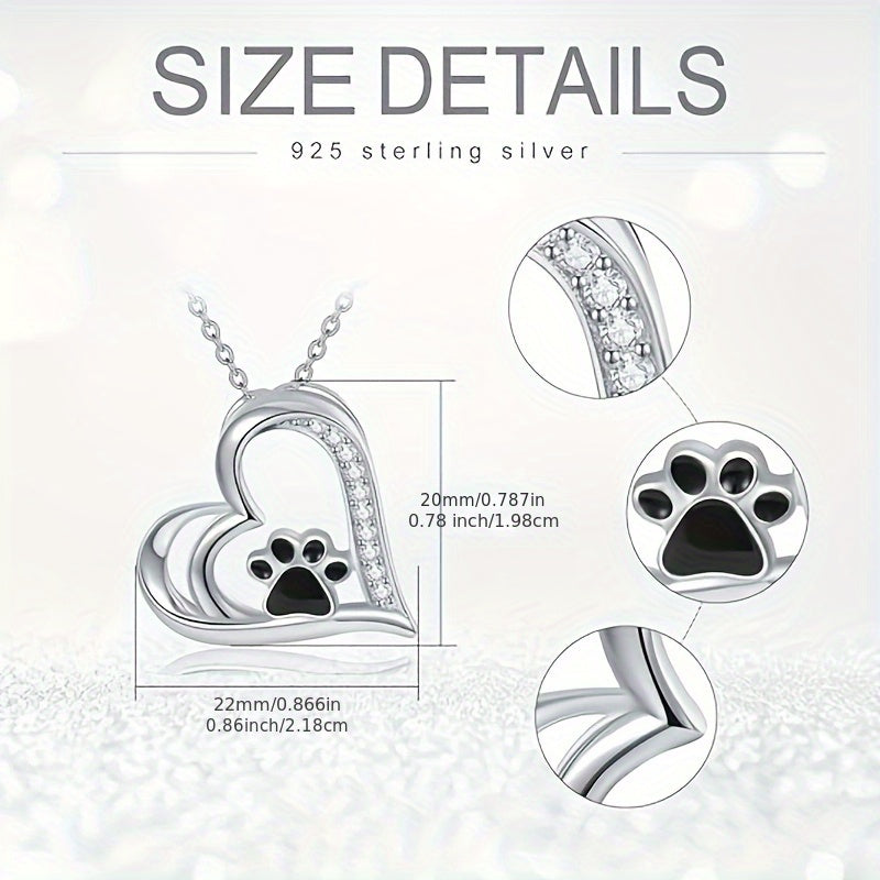 925 Sterling Silver Heart-Shaped Pendant Necklace – Synthetic Cubic Zirconia Paw Print Design