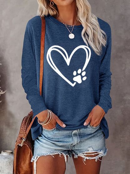 Dog Paw Heart Pattern T-Shirt – Women's Long Sleeve Casual Top for Fall & Spring