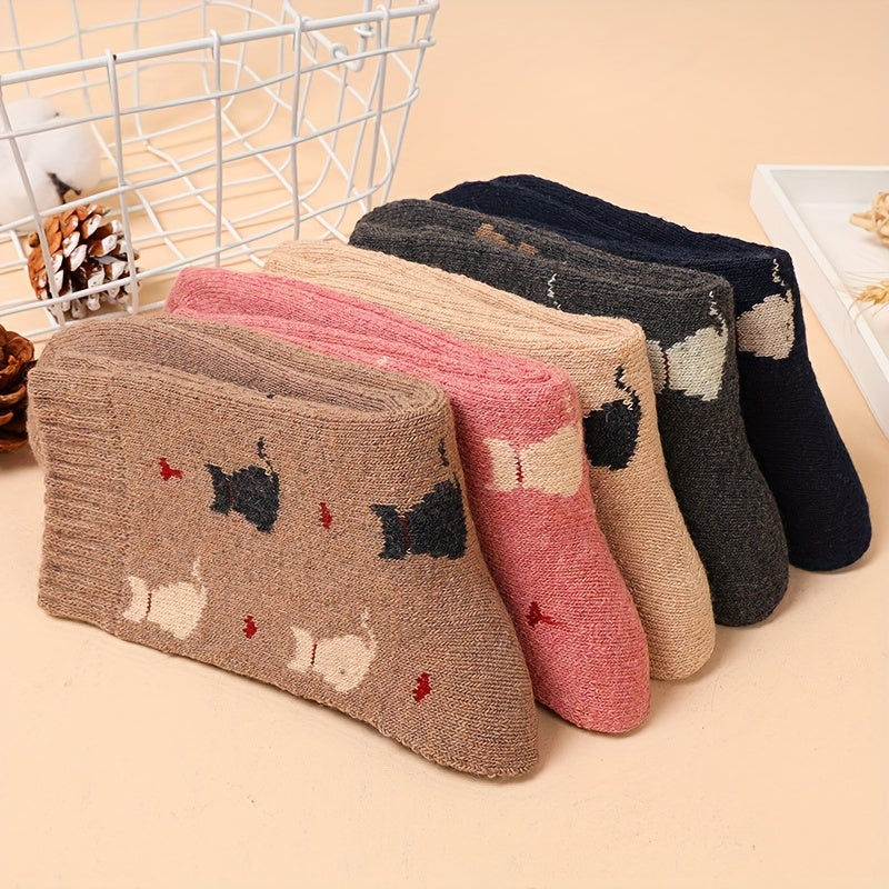 5 Pairs Cartoon Cat Print Socks – Comfy & Warm Mid Tube Socks for Women