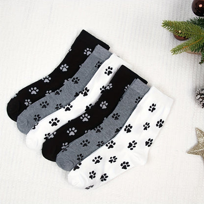 6 Pairs of Adorable Puppy Paw Print Socks – Fashionable Mid-Tube Socks for Women