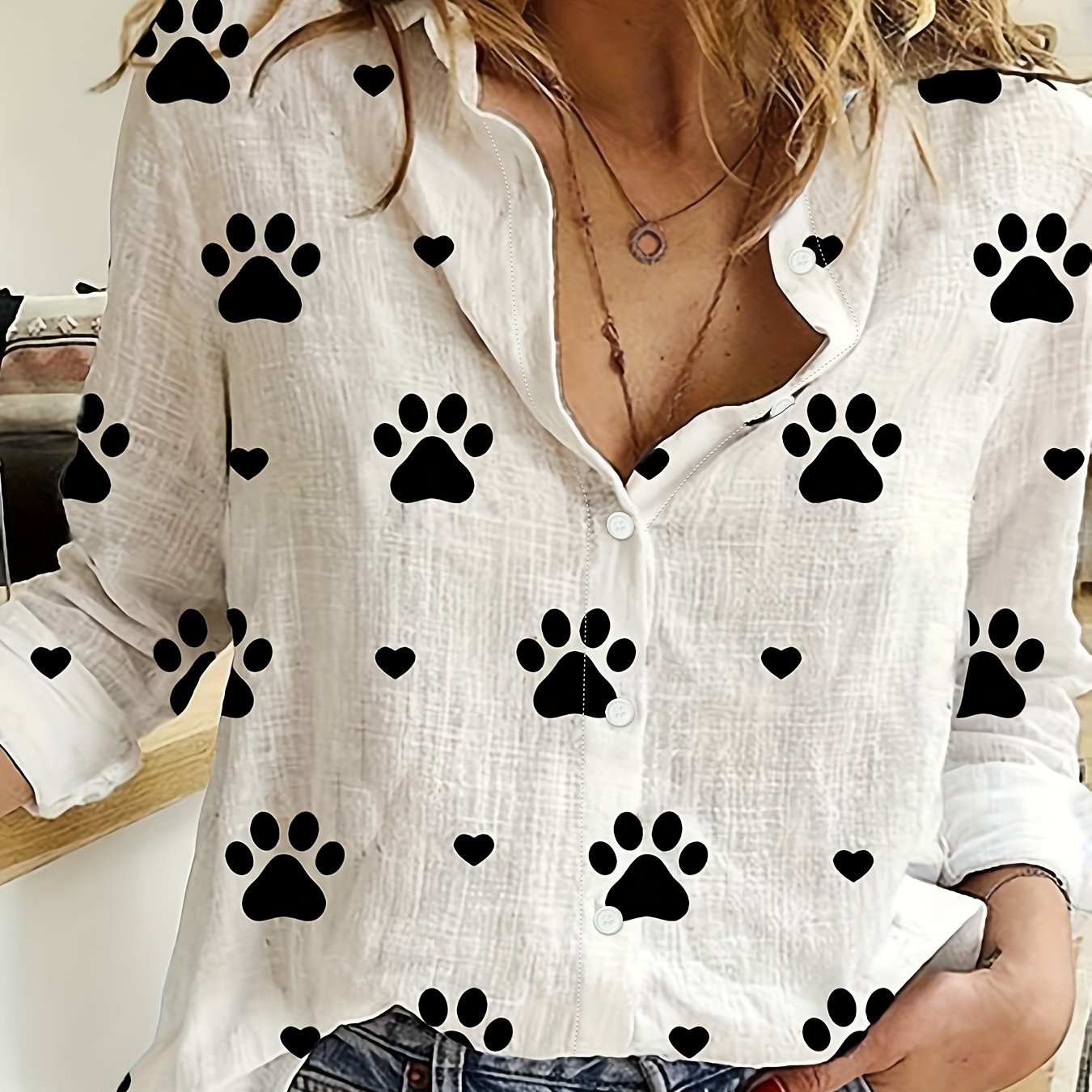 Paw Print Button Front Shirt – Cute & Casual Long Sleeve Top for Spring & Fall