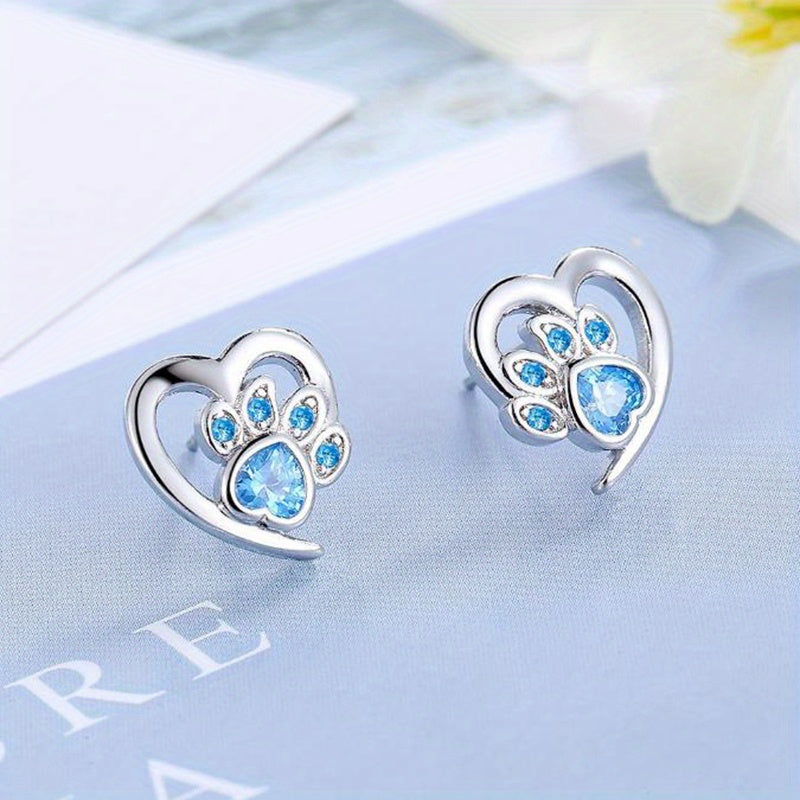 Sterling 925 Silver Hollow Heart Paw Pattern Zirconia Stud Earrings