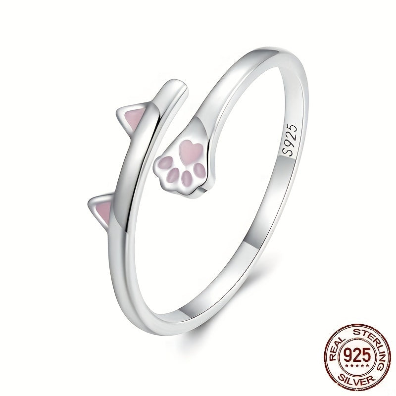 925 Sterling Silver Cute Cat Paw Ring – Adjustable Pink Cat Paw Wrap Ring for Women