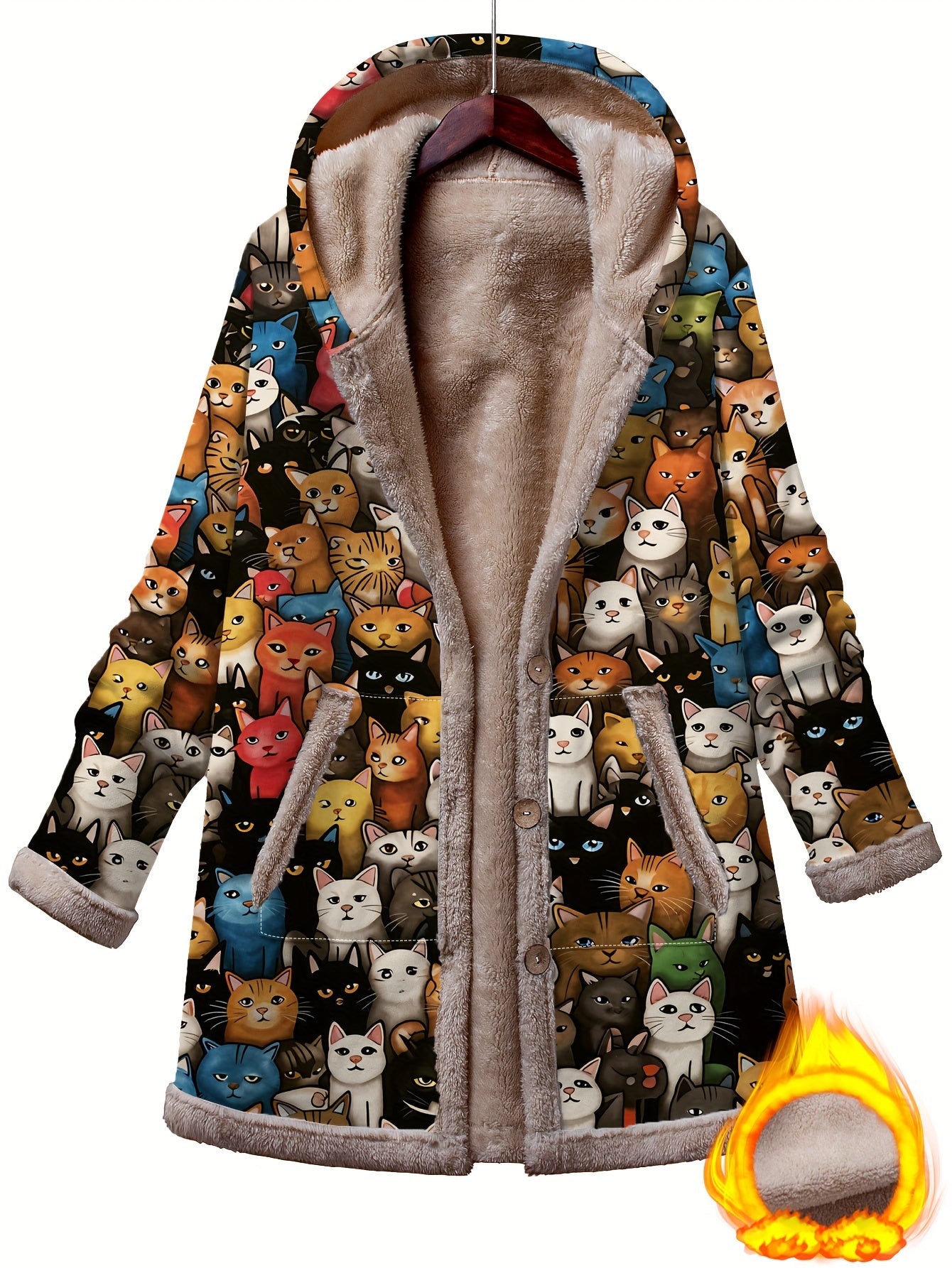 Women's Plus Size Casual Long Hooded Parka Coat with Cat Print – Fleece-Lined Button-Up Jacket for Winter