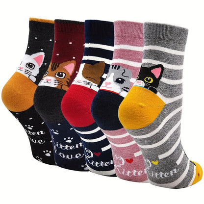 5-Pack Cozy Women's Cute Cat Print Short Ankle Socks - Perfect Gift for Her