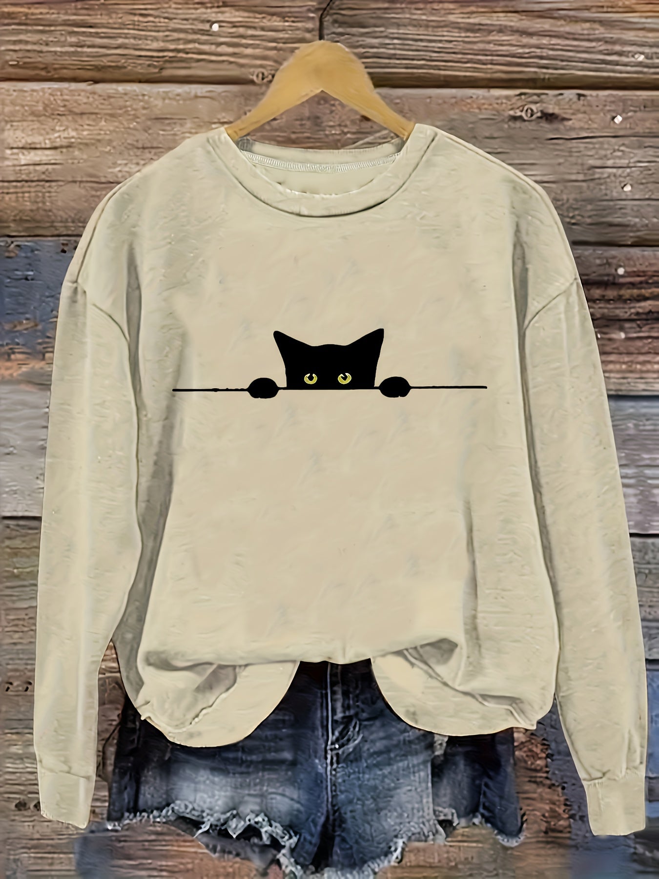 Cat Print Pullover Sweatshirt – Casual Long Sleeve Crew Neck Sweatshirt for Fall & Winter