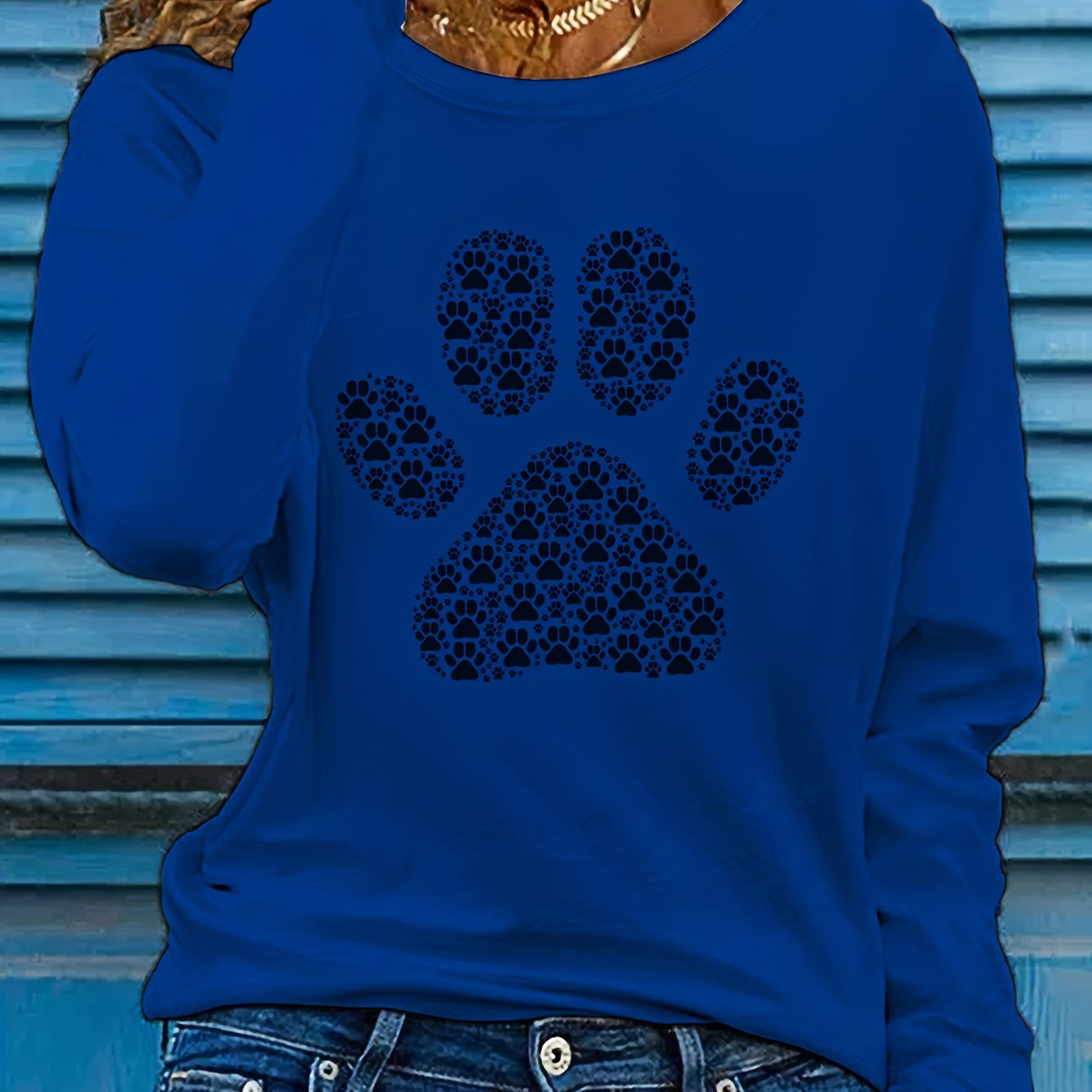 Adorable Puppy Paw Print Tee - Soft, Casual, Long Sleeve Crew Neck T-shirt for Women - Comfortable, Relaxed Fit, Animal Lover's Gift Idea, Women's Clothing