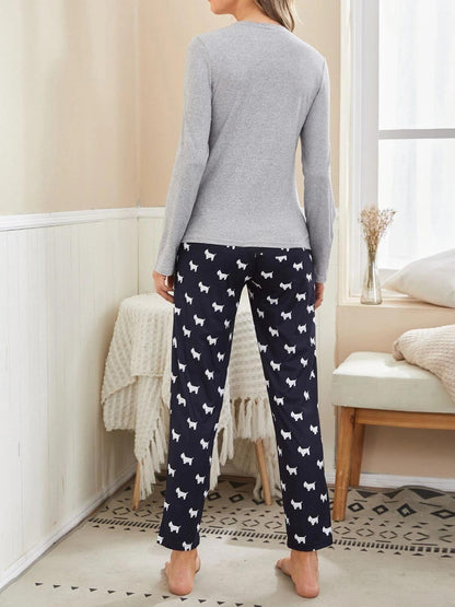 Cartoon Dog Print Pajama Set – Long Sleeve Crew Neck Top & Elastic Waistband Pants