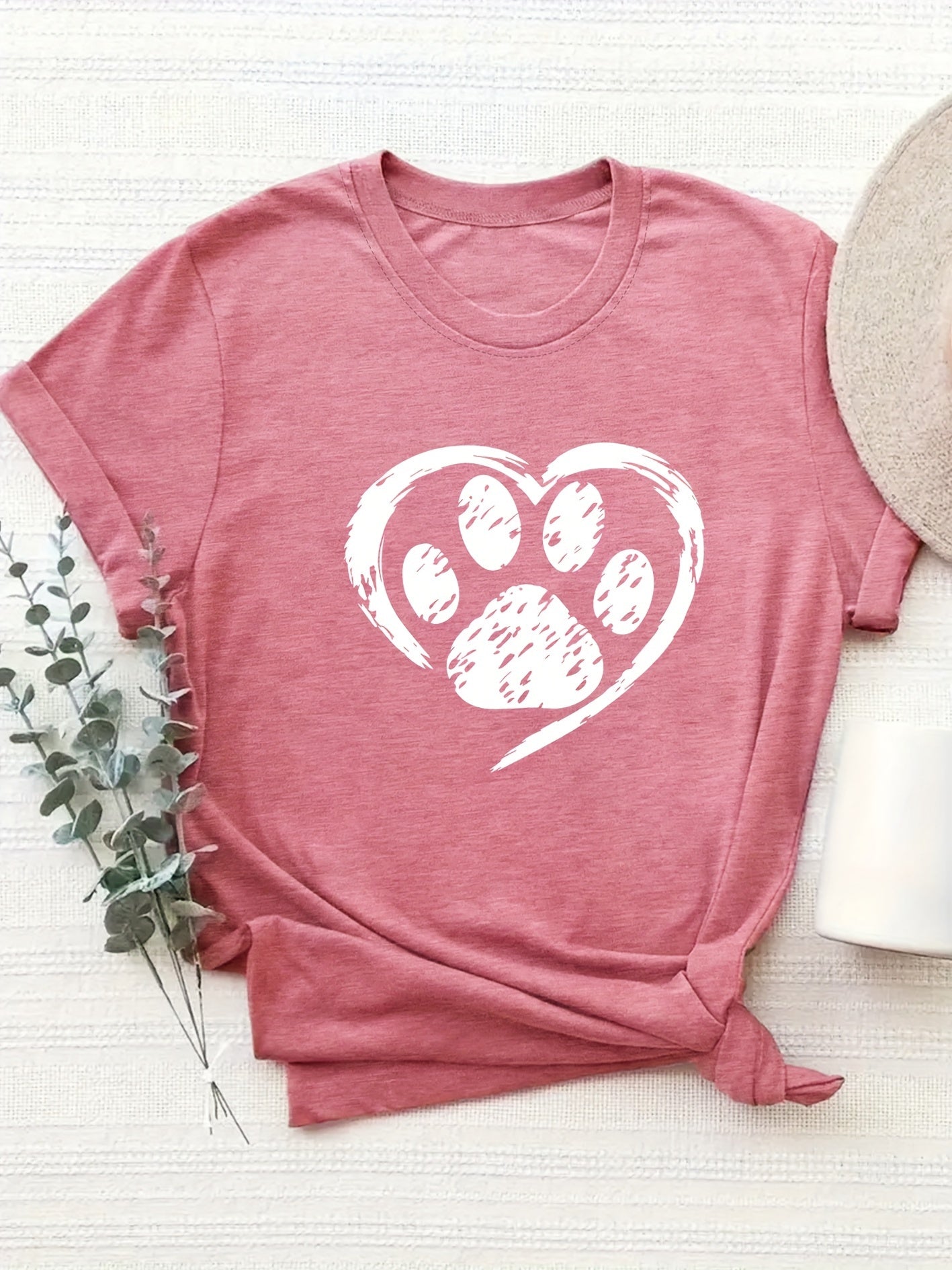 Women's Vintage Style Short Sleeve T-Shirt with Love Heart Cat Paw Print – Casual Round Neck