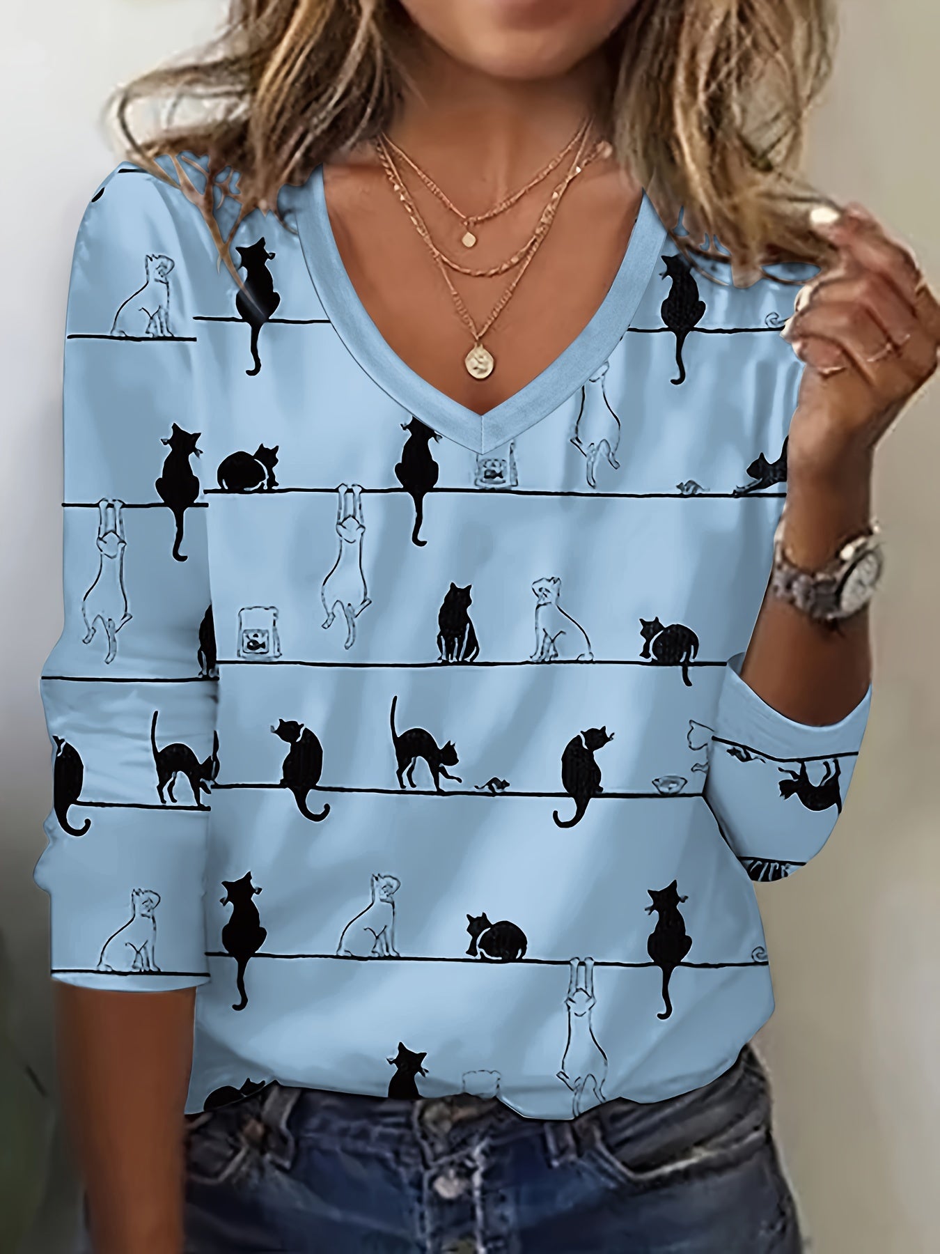 Cute Cat Print V-Neck T-Shirt – Casual Long Sleeve Top for Women