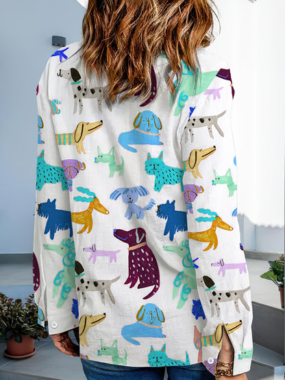 Women's Casual Long Sleeve Button-Up Shirt with Colorful Cute Dogs Pattern