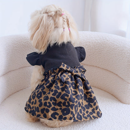 Cat and Dog Leopard Print Bow Dress with Flying Sleeves