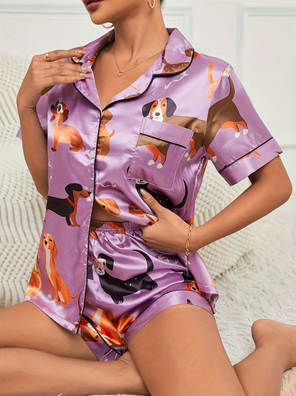 Women's Cute Cartoon Puppy Print Satin Pajama Set