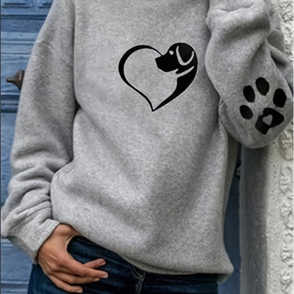 Casual Long Sleeve Dog & Heart & Paw Print Hoodie Sweatshirt – Women's Clothing