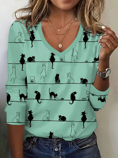 Cute Cat Print V-Neck T-Shirt – Casual Long Sleeve Top for Women