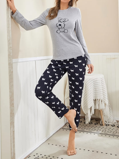 Cartoon Dog Print Pajama Set – Long Sleeve Crew Neck Top & Elastic Waistband Pants