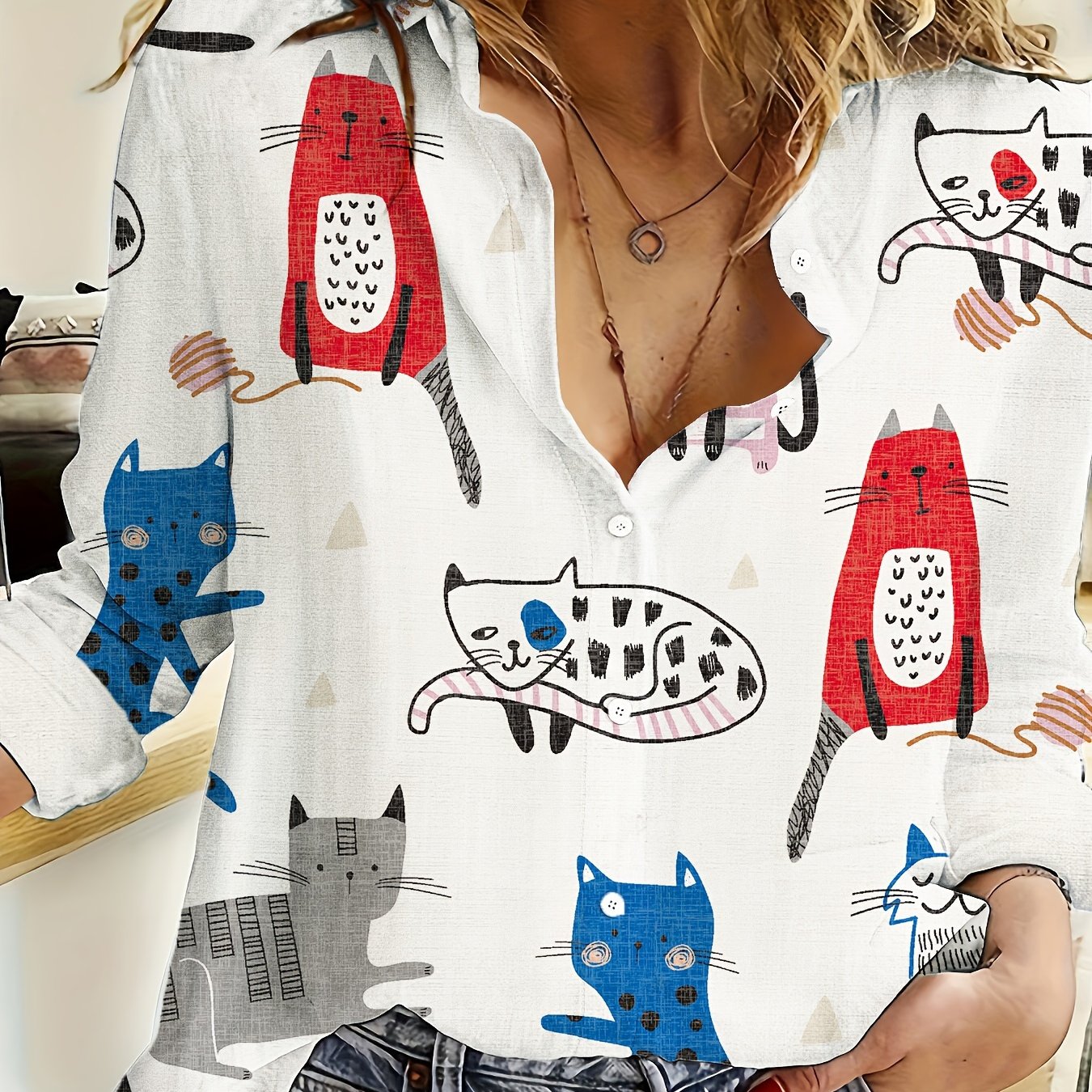 Cartoon Print Button Front Shirt – Casual Long Sleeve Cardigan for Spring & Fall