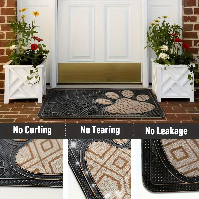 Water-Resistant Non-Slip PVC & Polyester Doormat with Paw & Stripe Design – Stain-Resistant Outdoor Entrance Mat