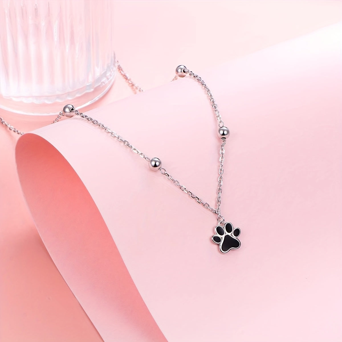 S925 Sterling Silver Dog Paw Choker Necklace – Cute Cartoon Animal Theme, Silver Toned with Beads