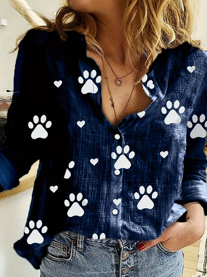 Paw Print Button Front Shirt – Cute & Casual Long Sleeve Top for Spring & Fall